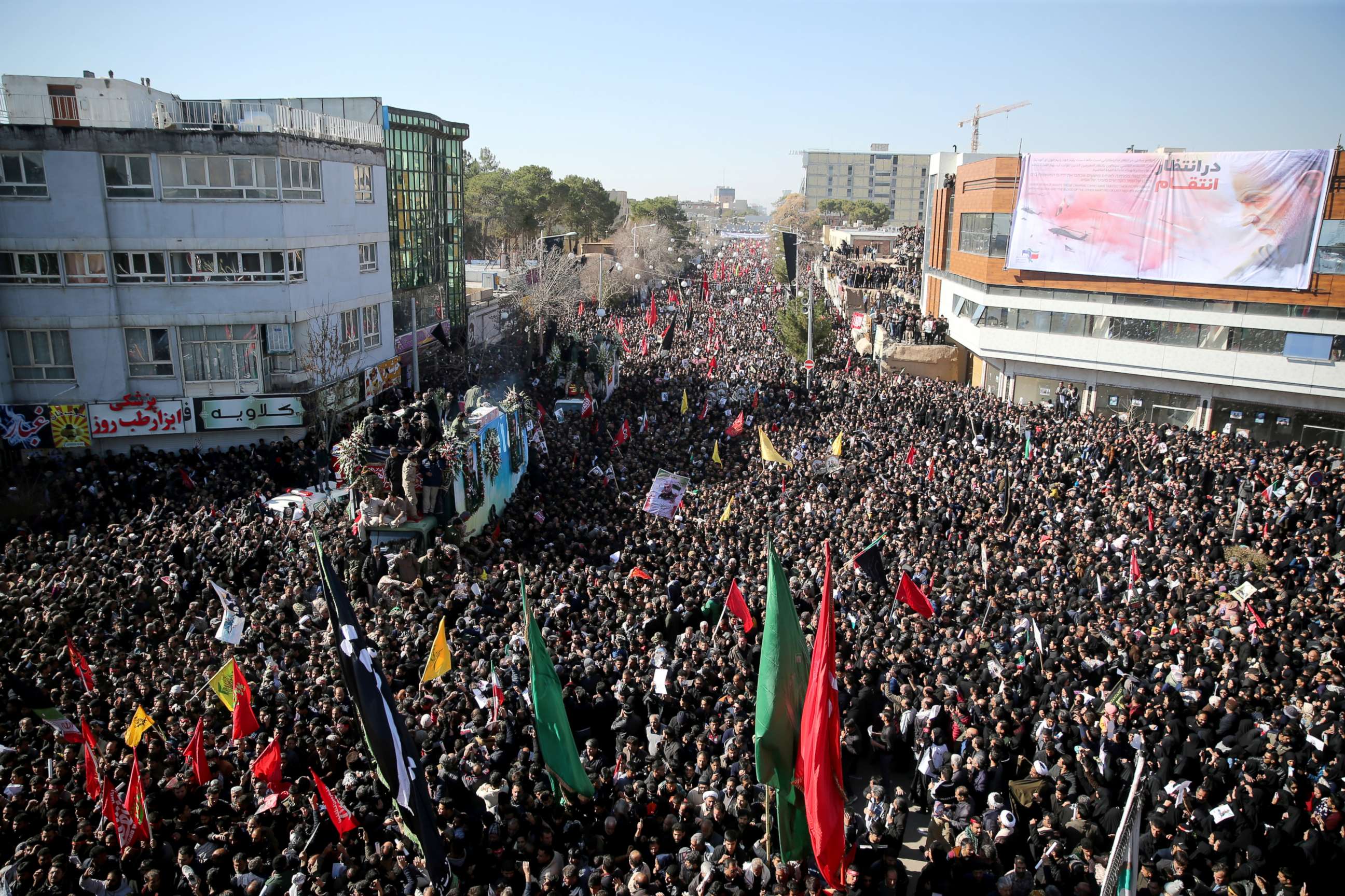 PHOTO: In this photo taken in Kerman, Iran, on Jan. 7, 2020, Iranian people attend a funeral procession and burial for Maj. Gen. Qassem Soleimani, head of Iran's elite Quds Force, who was killed in an air strike at Iraq's Baghdad International Airport.