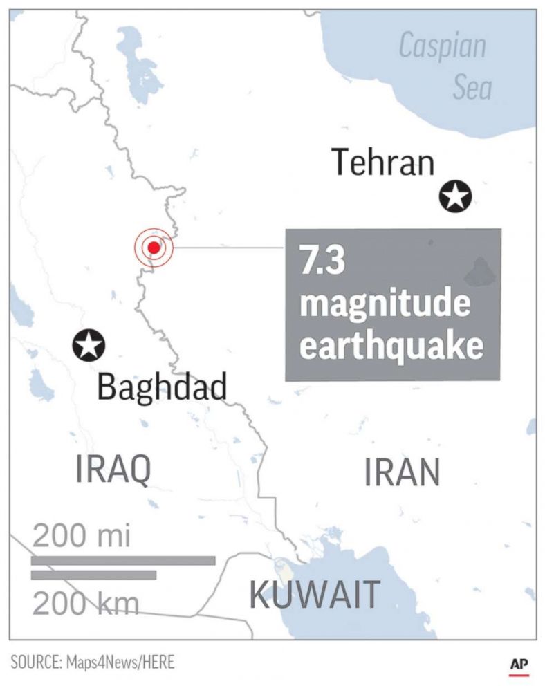 PHOTO: A map shows the epicenter of the Nov. 12, 2017 earthquake that struck Iran and Iraq. 