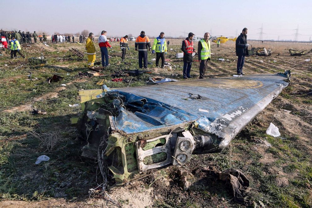 PHOTO: Rescue teams work at the scene of a Ukrainian airliner that crashed shortly after take-off near Imam Khomeini airport in the Iranian capital Tehran, Jan. 8, 2020.