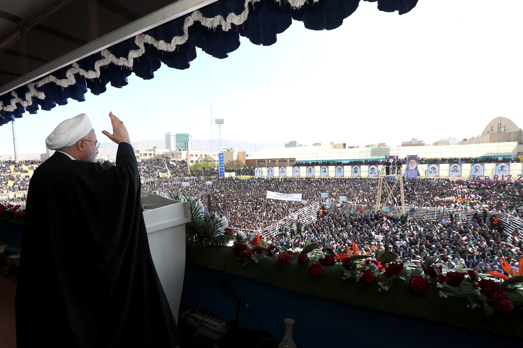 PHOTO: Iranian president Hassan Rouhani addresses the crowd during a rally in Tabriz, Iran on April 24, 2018.