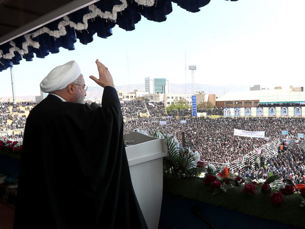 PHOTO: Iranian president Hassan Rouhani addresses the crowd during a rally in Tabriz, Iran on April 24, 2018.