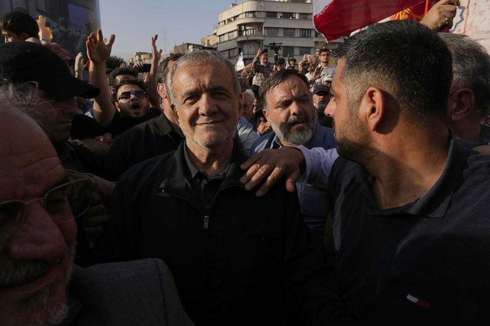 PHOTO: Iranian President Masoud Pezeshkian attends a protest following the U.S. attacks on nuclear sites in Iran, in Tehran, Iran, Sunday, June 22, 2025. 