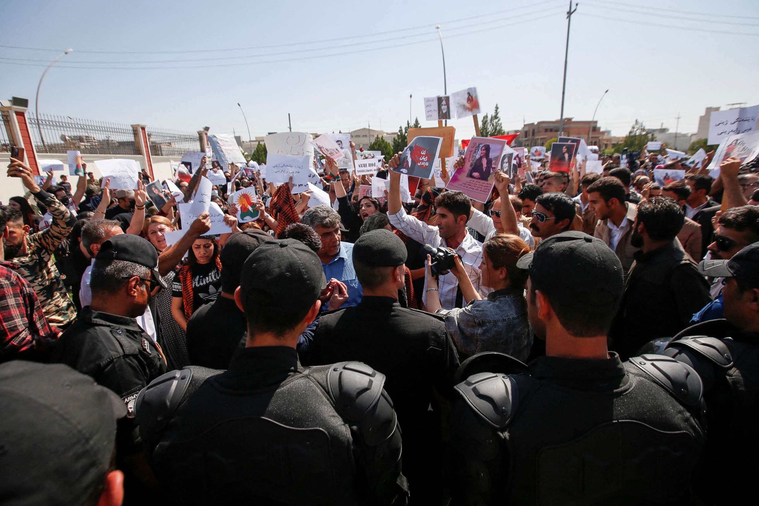 PHOTO: In this Sept. 24, 2022 file photo people take part in a protest following the death of Mahsa Amini in front of the United Nations headquarters in Erbil, Iraq, Sept. 24, 2022.