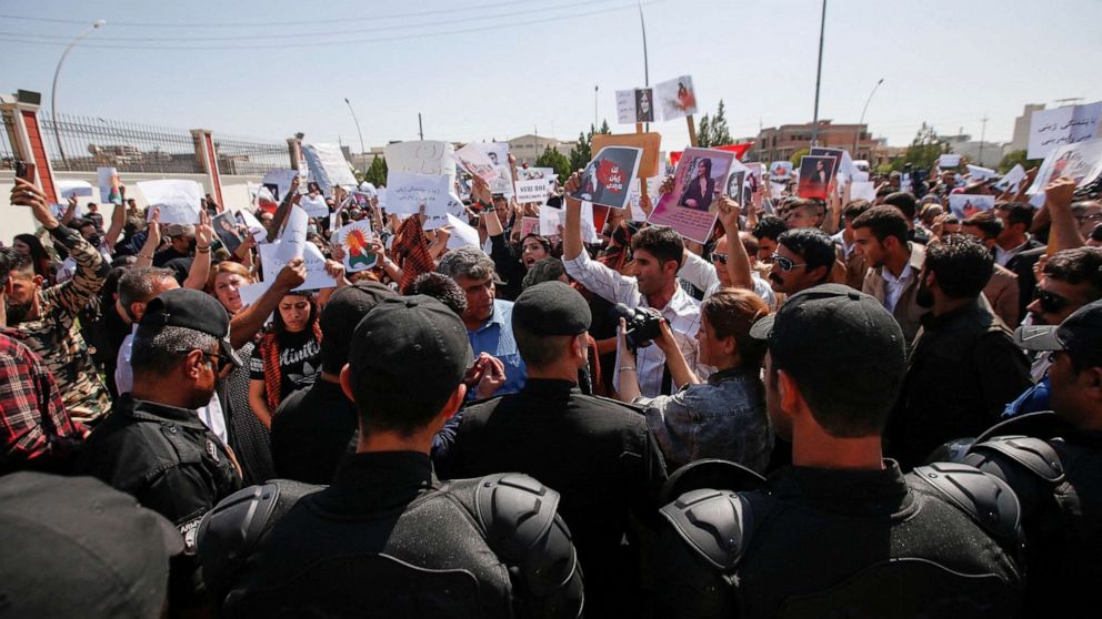 PHOTO: In this Sept. 24, 2022 file photo people take part in a protest following the death of Mahsa Amini in front of the United Nations headquarters in Erbil, Iraq, Sept. 24, 2022.