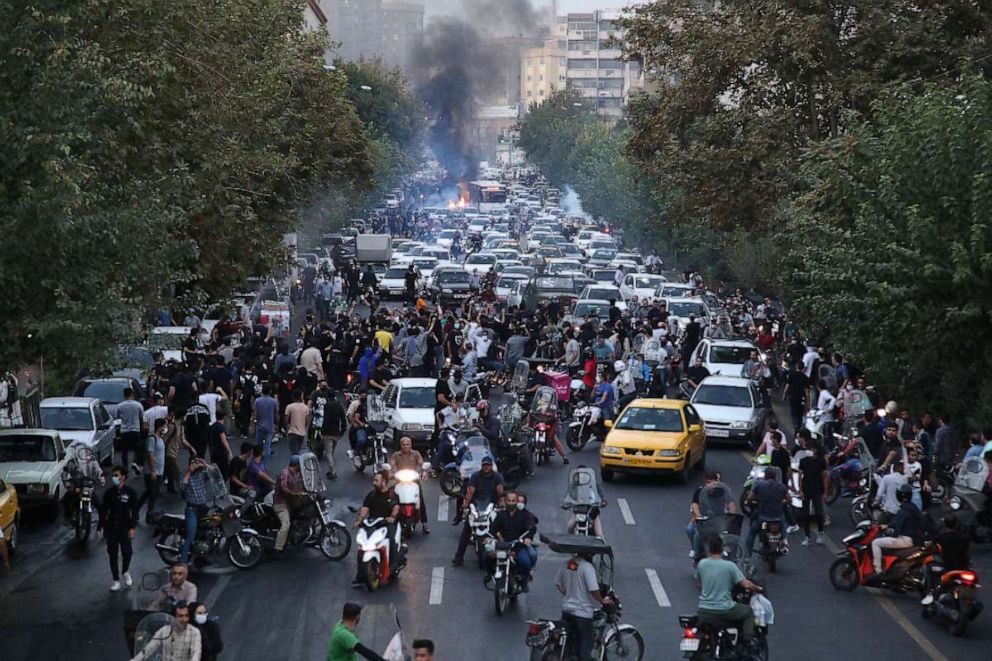 PHOTO: Iranian demonstrators fill the streets of the capital Tehran during a protest for Mahsa Amini, days after she died in police custody, Sept. 21, 2022.