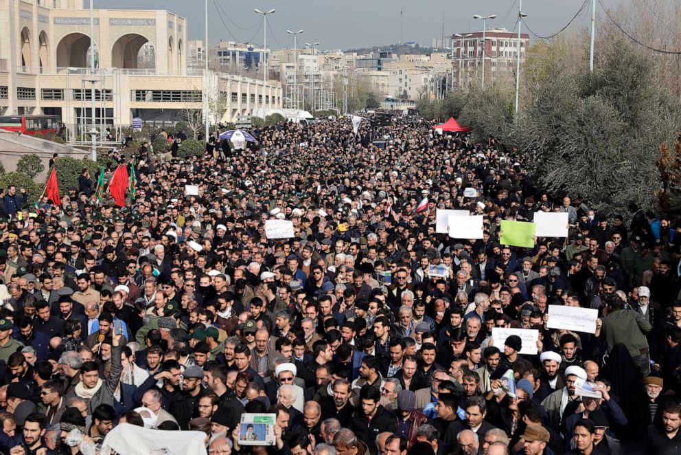 PHOTO: Protesters demonstrate over the U.S. airstrike in Iraq that killed Iranian Revolutionary Guard Gen. Qassem Soleimani in Tehran, Iran, Jan. 3, 2020.