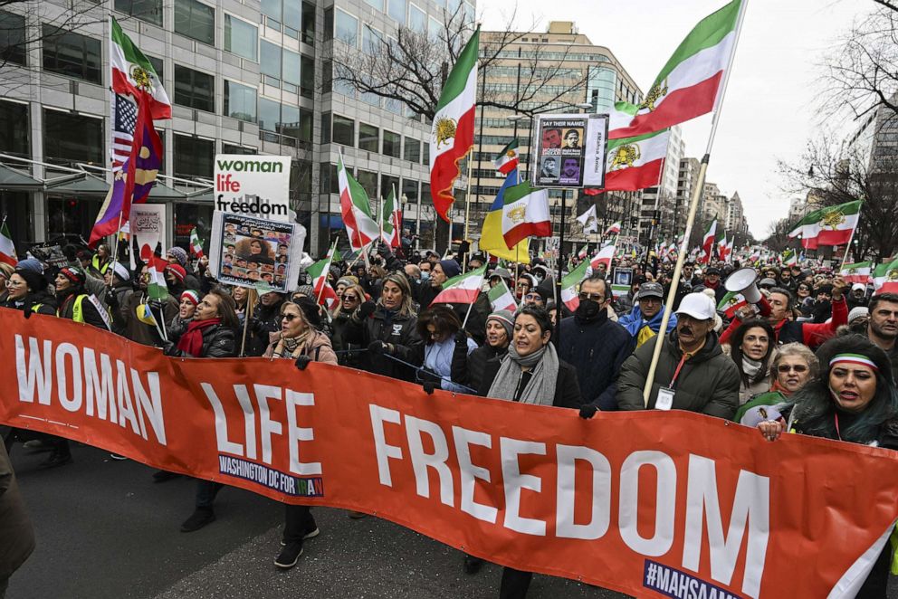 PHOTO: People, carrying banners and flags, stage a demonstration in solidarity with protestors in Iran, which was triggered by the Sept. 16 death of 22-year-old Mahsa Amini while in the custody, on Jan. 21, 2023, at Farragut Square, in Washington, D.C.