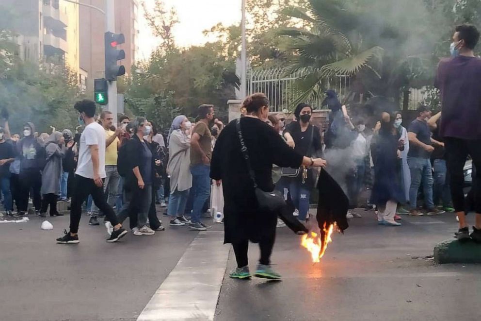 PHOTO: A picture obtained by ZUMA outside Iran, reportedly shows protesters setting a fire as they clash with police on Oct. 20, 2022, in Tehran, Iran, during a protest over the death of young Iranian woman Mahsa Amini.