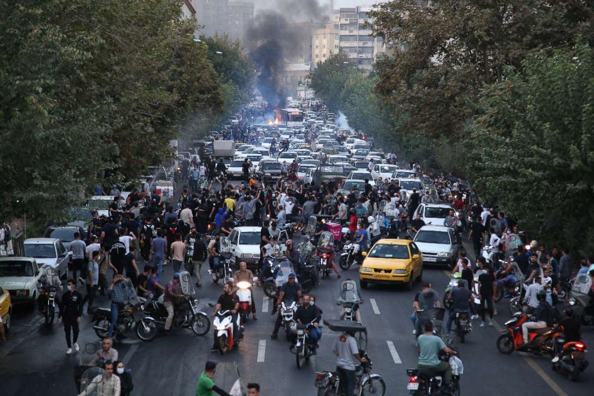PHOTO: Iranian demonstrators taketo the streets of the capital Tehran during a protest for Mahsa Amini, days after she died in police custody, in a photo obtained on Sept. 21, 2022.