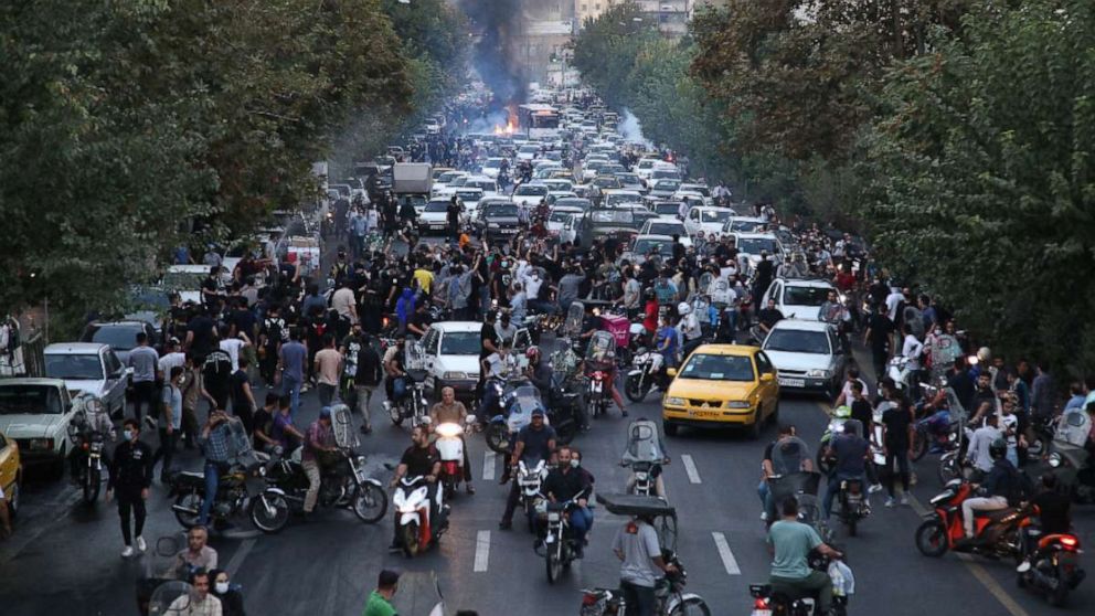 PHOTO: Iranian demonstrators taketo the streets of the capital Tehran during a protest for Mahsa Amini, days after she died in police custody, in a photo obtained on Sept. 21, 2022.