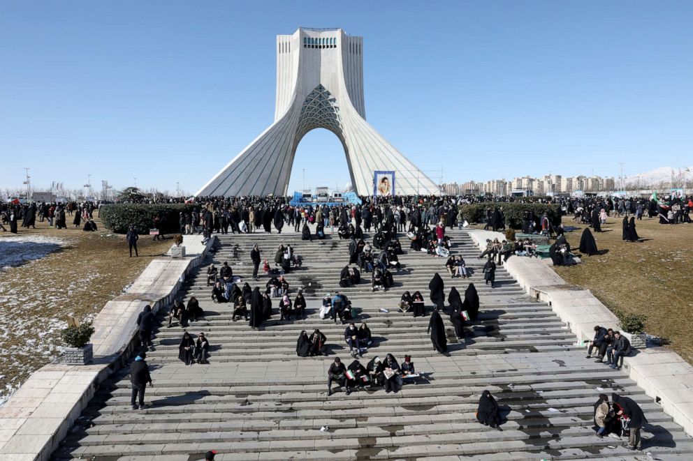 PHOTO: People celebrate the 41st anniversary of the Islamic Revolution, at Azadi (Freedom) monument tower in Tehran, Iran, Feb. 11, 2020.