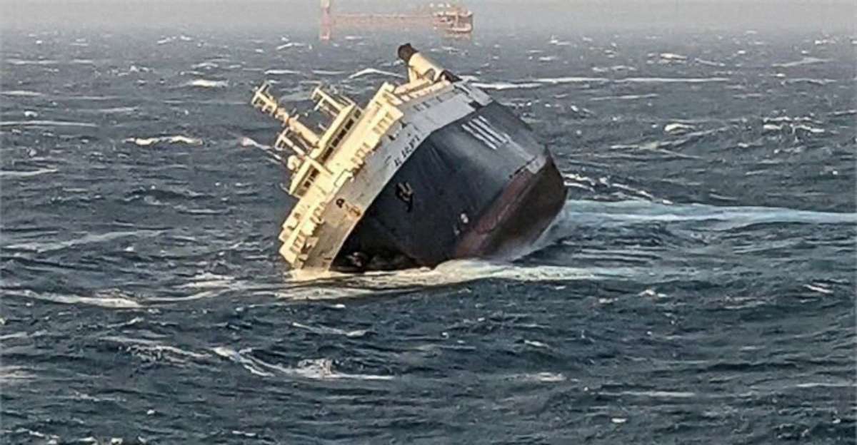 PHOTO: A handout picture provided by the Ports and Maritime Organization of Iran on March 17, 2022, shows an Emirati cargo ship sinking nearly 30 miles from the port of Asaluyeh in southern Iran.