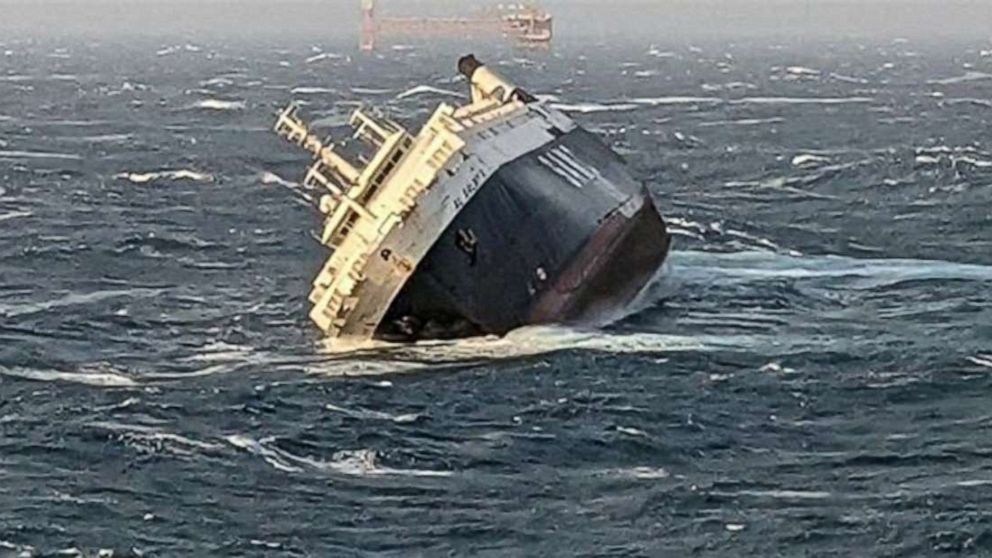 PHOTO: A handout picture provided by the Ports and Maritime Organization of Iran on March 17, 2022, shows an Emirati cargo ship sinking nearly 30 miles from the port of Asaluyeh in southern Iran.