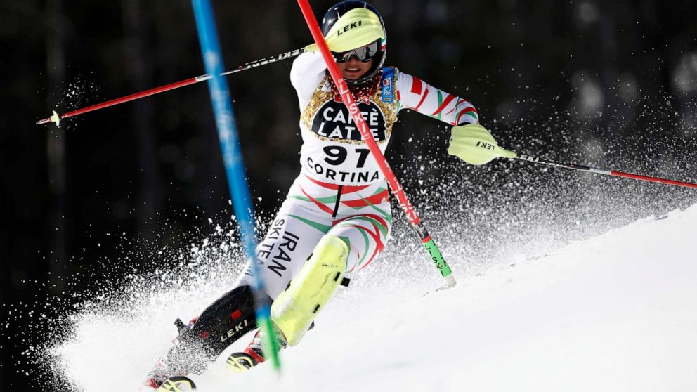 PHOTO: Iran's Marjan Kalhor competes during a women's slalom, at the alpine ski World Championships in Cortina d'Ampezzo, Italy, Feb. 20, 2021.