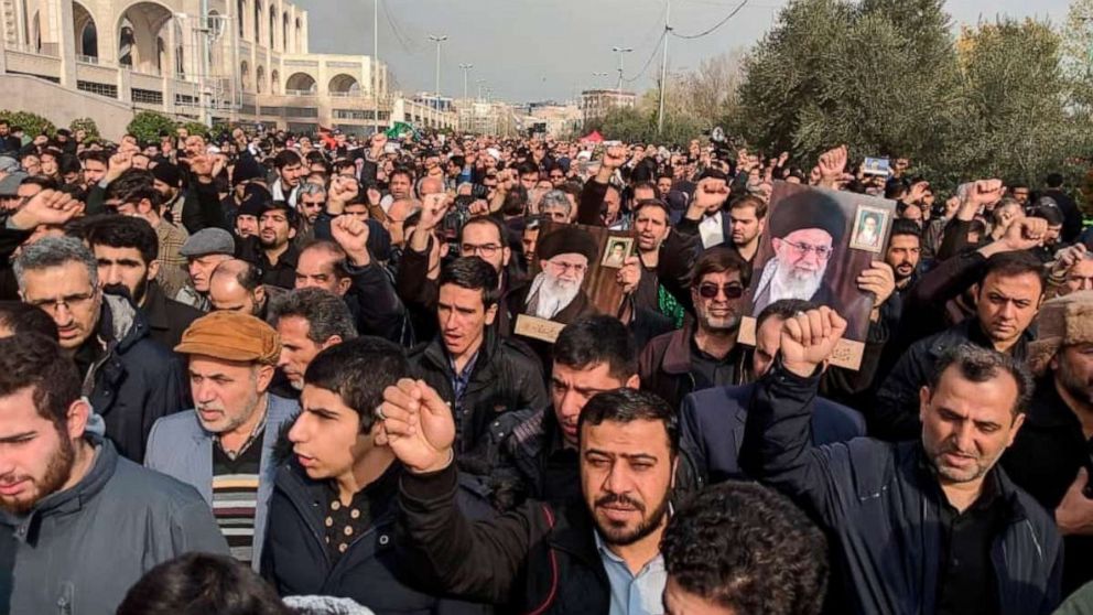 PHOTO: Protesters demonstrate over the U.S. airstrike in Iraq that killed Iranian Revolutionary Guard Gen. Qassem Soleimani in Tehran, Iran, Jan. 3, 2020. 