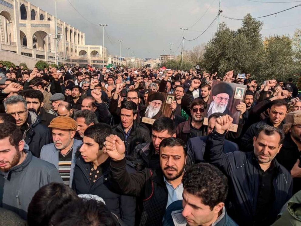 PHOTO: Protesters demonstrate over the U.S. airstrike in Iraq that killed Iranian Revolutionary Guard Gen. Qassem Soleimani in Tehran, Iran, Jan. 3, 2020. 