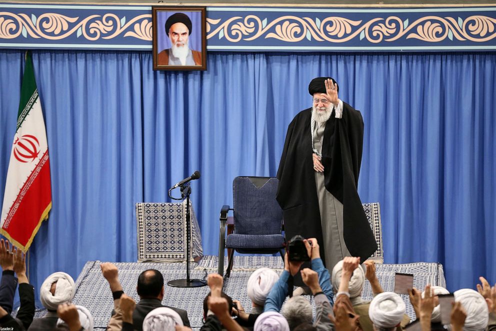 PHOTO: Iran's Supreme Leader Ayatollah Ali Khamenei delivers a speech during a gathering in Tehran, Jan. 8, 2020.