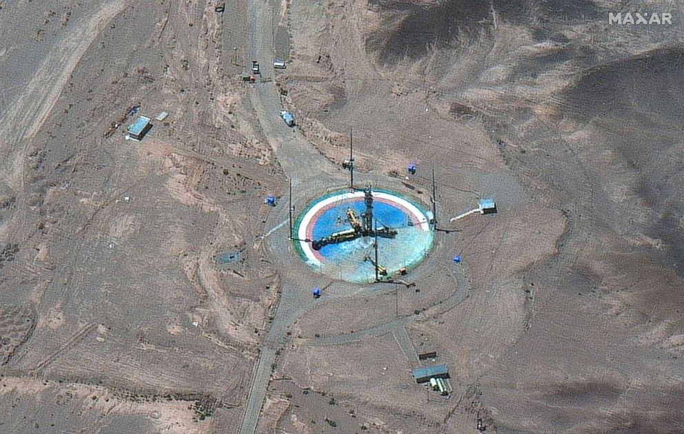 PHOTO: This satellite image from Maxar Technologies shows a rocket preparing to be erected at a launch pad at Imam Khomeini Space Center southeast of Semnan, Iran, on Tuesday, June 14, 2022. 