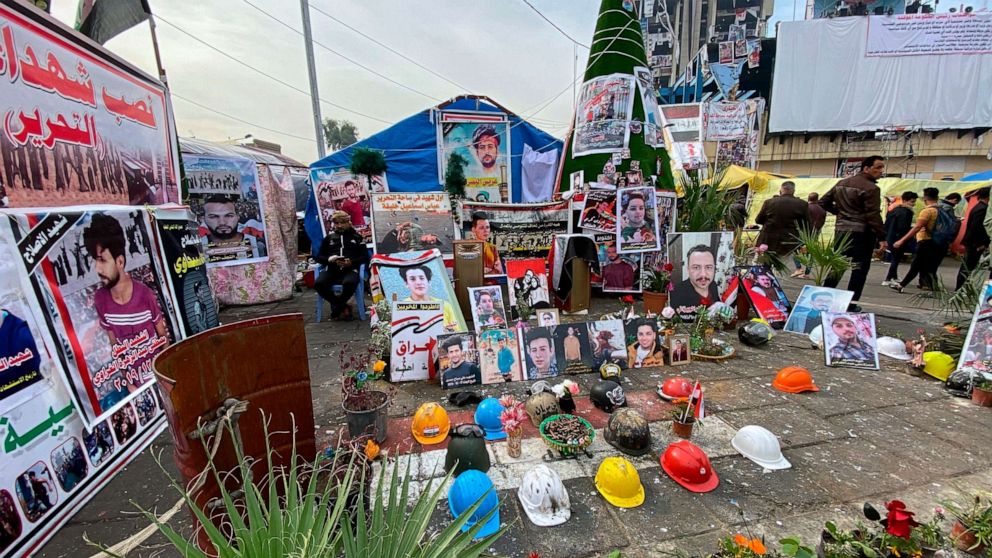 PHOTO: Posters of protesters who have been killed in ongoing anti-government demonstrations are displayed in Tahrir Square in Baghdad, Iraq, Dec. 12, 2019.
