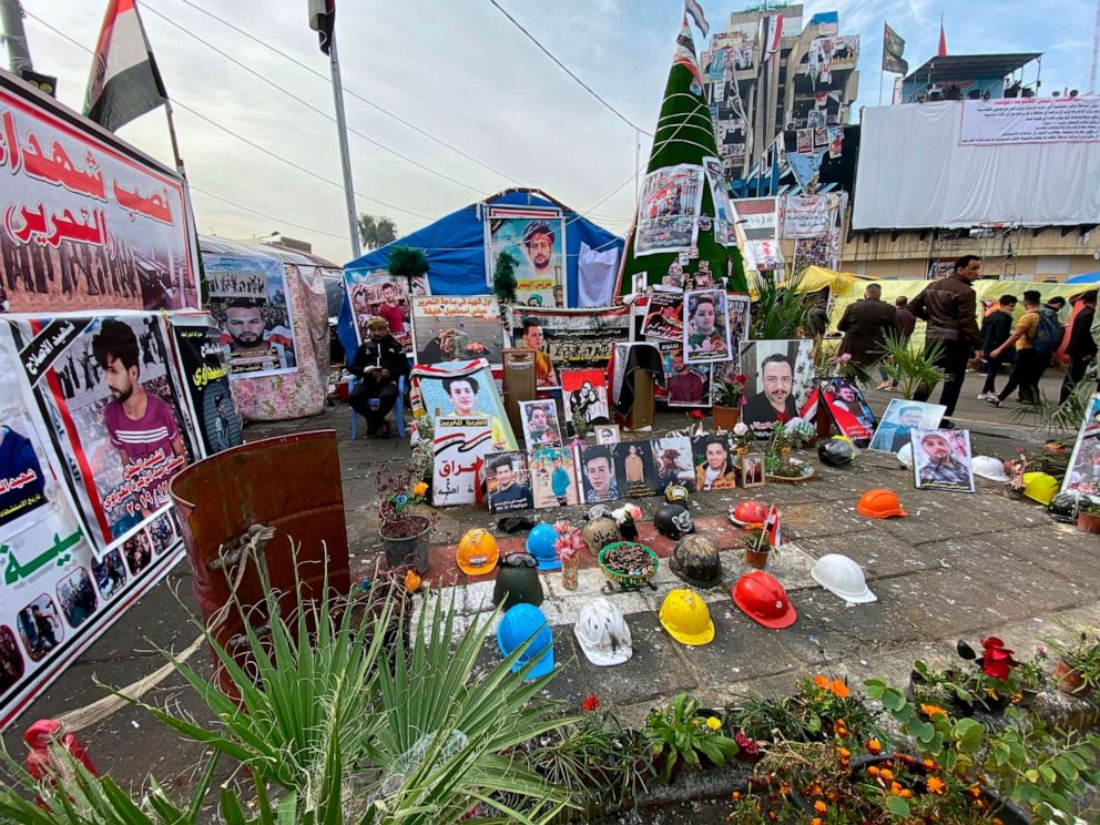 PHOTO: Posters of protesters who have been killed in ongoing anti-government demonstrations are displayed in Tahrir Square in Baghdad, Iraq, Dec. 12, 2019.