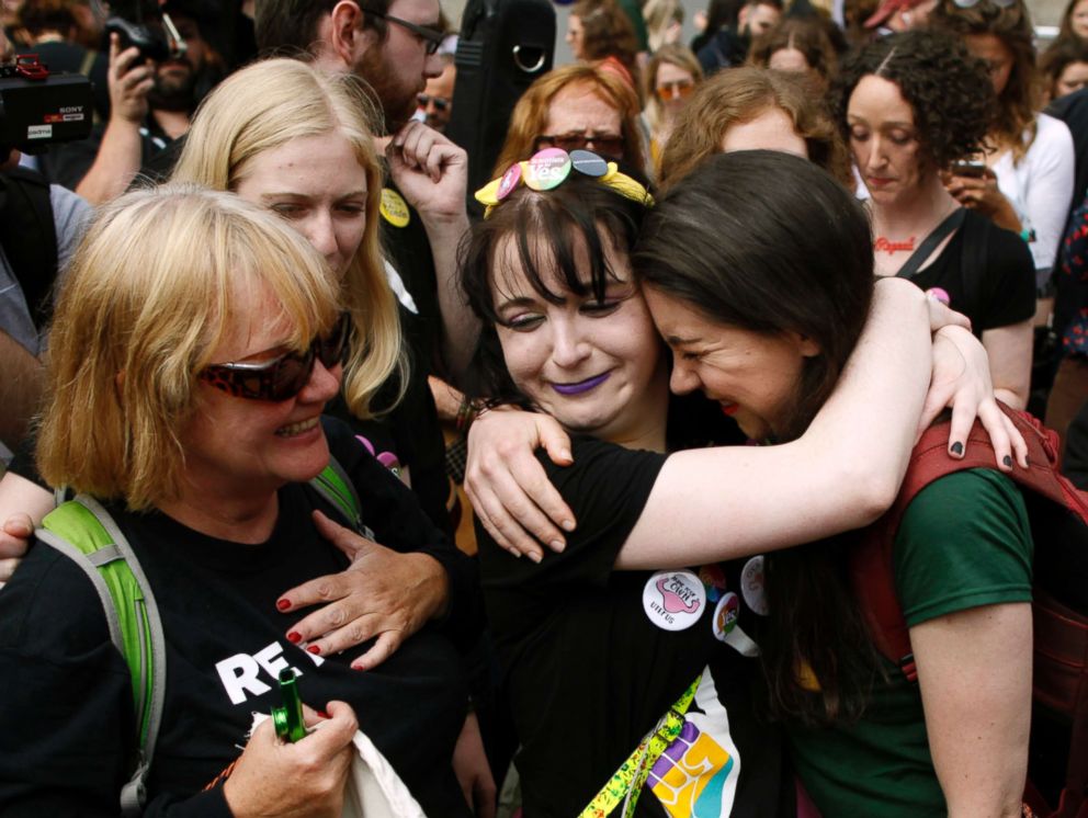 PHOTO: People from the "Yes" campaign react as the results of the votes begin to come in, after the Irish referendum on the 8th Amendment of the Irish Constitution at Dublin Castle, in Dublin, Ireland, May 26, 2018.