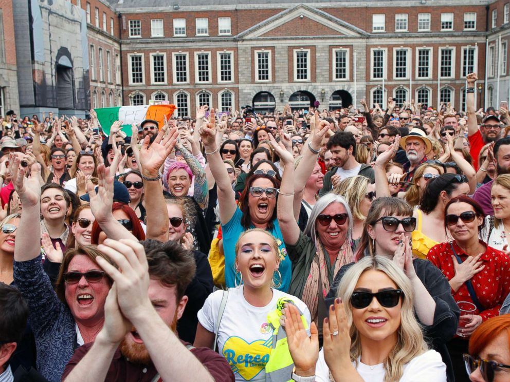 PHOTO: People from the "Yes" campaign react as the results of the votes begin to come in the Irish referendum on the 8th Amendment of the Irish Constitution at Dublin Castle, in Dublin, Ireland, May 26, 2018.