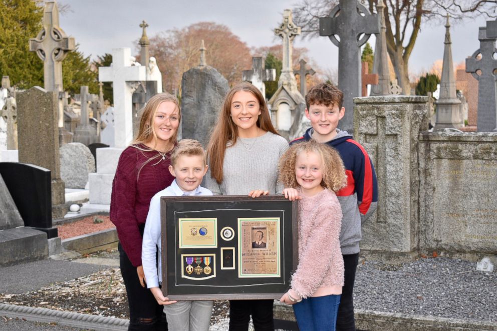 PHOTO: The third great nieces and nephews of Private Michael Walsh receive his Purple Heart at the Glasnevin Cemetery in Dublin, Ireland. Walsh was killed in action on Oct. 24, 1918 during the Meuse-Argonne Offensive in World War I.