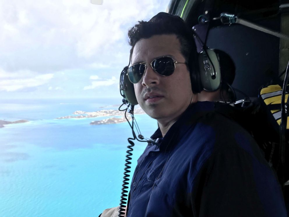 PHOTO: ABC's Joshua Hoyos aboard a helicopter to survey damage from Hurricane Irma over the U.S. Virgin Islands, Sept. 10, 2017. 