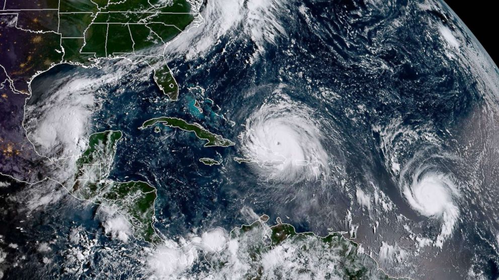 PHOTO: This satellite image obtained from the National Oceanic and Atmospheric Administration (NOAA) shows (L-R) Category 1, Hurricane Katia; Category 5, Hurricane Irma and, Category 1, Hurricane Jose, Sept. 7, 2017.