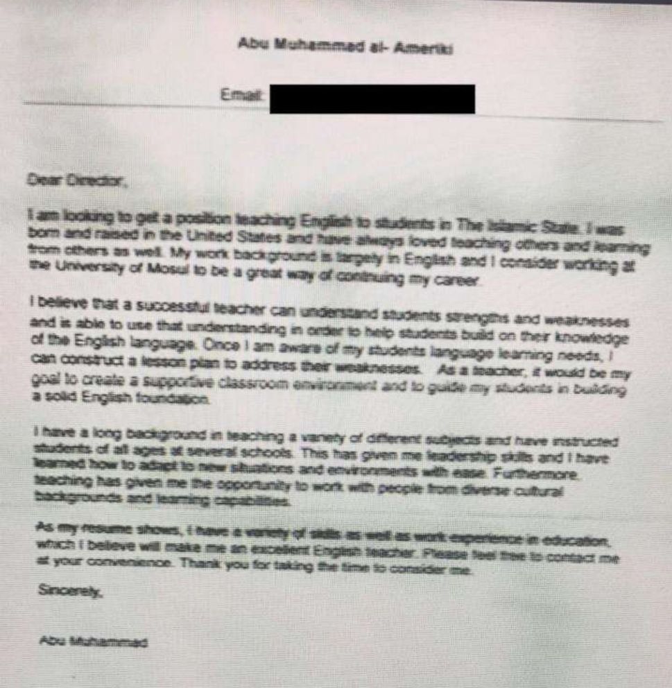 PHOTO: The George Washington University Program on Extremism obtained this document it says is a cover letter from Warren Christopher Clark, who the Syrian Democratic Forces said is an American man it detained for allegedly belonging to ISIS.