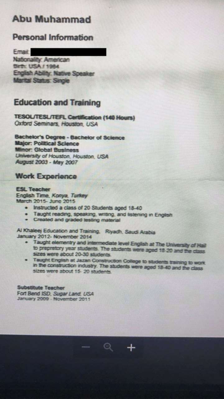 PHOTO: The George Washington University Program on Extremism obtained this document it says is a resume from Warren Christopher Clark, who the Syrian Democratic Forces said is an American man it detained for allegedly belonging to ISIS.