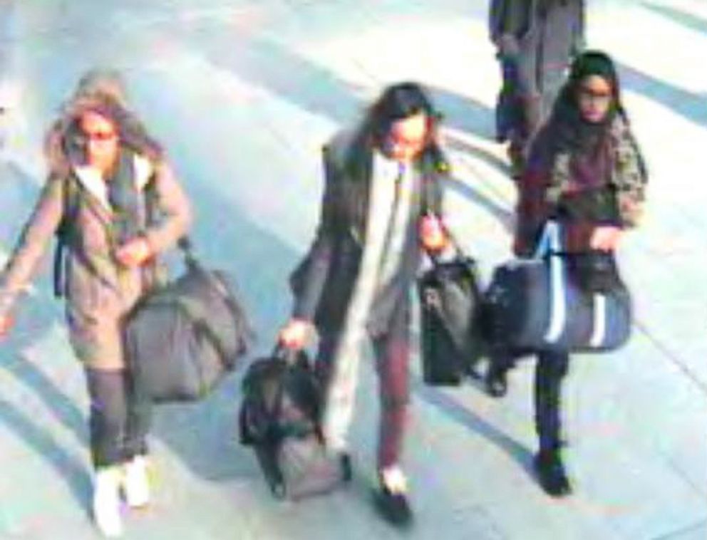 PHOTO: In this handout photo taken, Feb. 17, 2015, from a CCTV video, shows British teenagers Amira Abase, Kadiza Sultana and Shamima Begum at Gatwick Airport in London. 