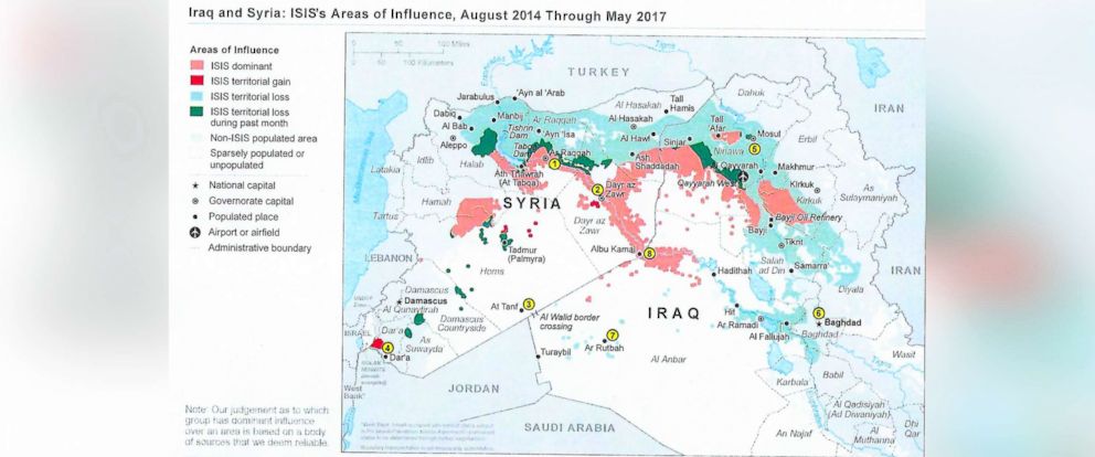 PHOTO: A detailed map made by the U.S. government shows the progress against ISIS and the changes in the group's areas of influence in Syria and Iraq.