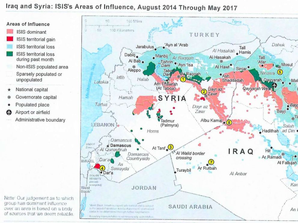PHOTO: A detailed map made by the U.S. government shows the progress against ISIS and the changes in the groups areas of influence in Syria and Iraq.