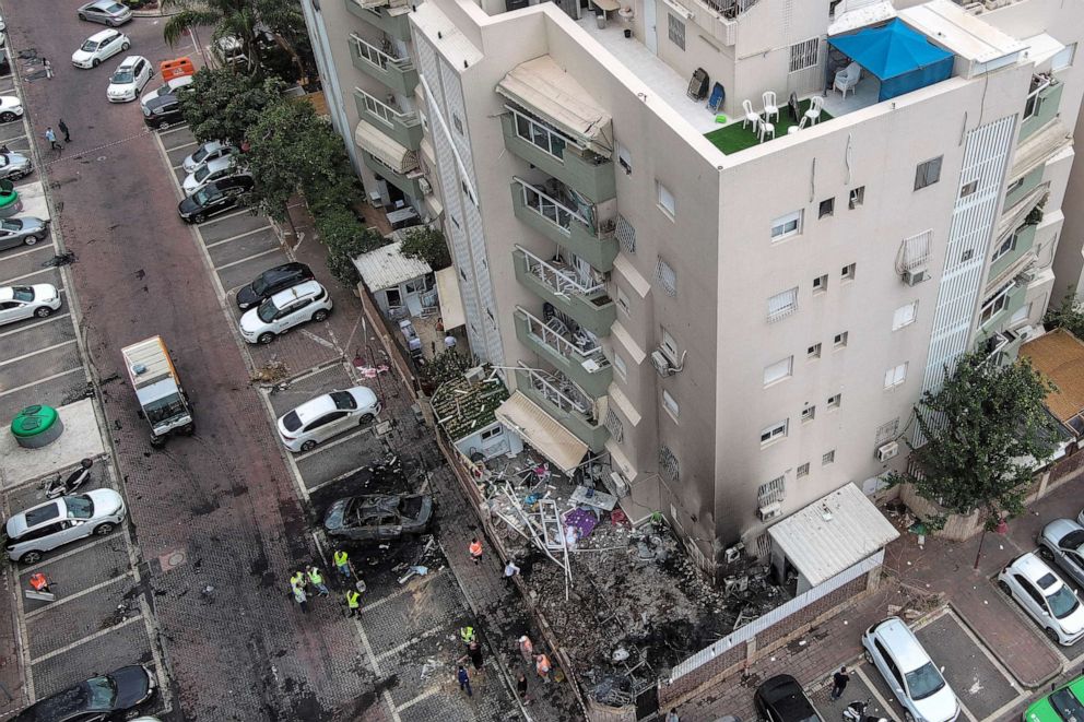 PHOTO: An aerial view shows damage caused by a rocket after if was fired from the Gaza Strip towards Israel, in Ashdod, southern Israel, Oct. 9, 2023.
