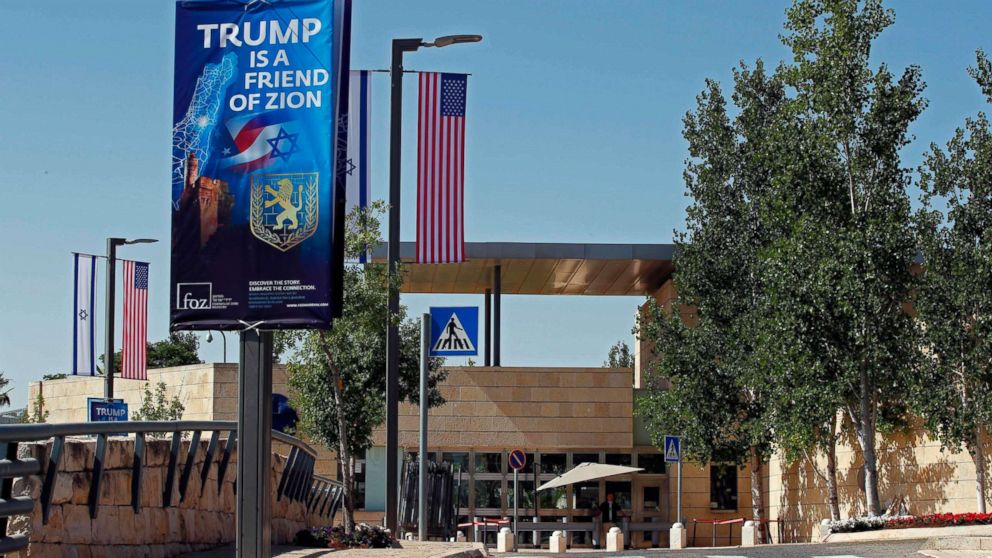 PHOTO: The US consulate in Jerusalem, which will host the new US embassy, as posters praising the US president hang in the street, May 11, 2018.
