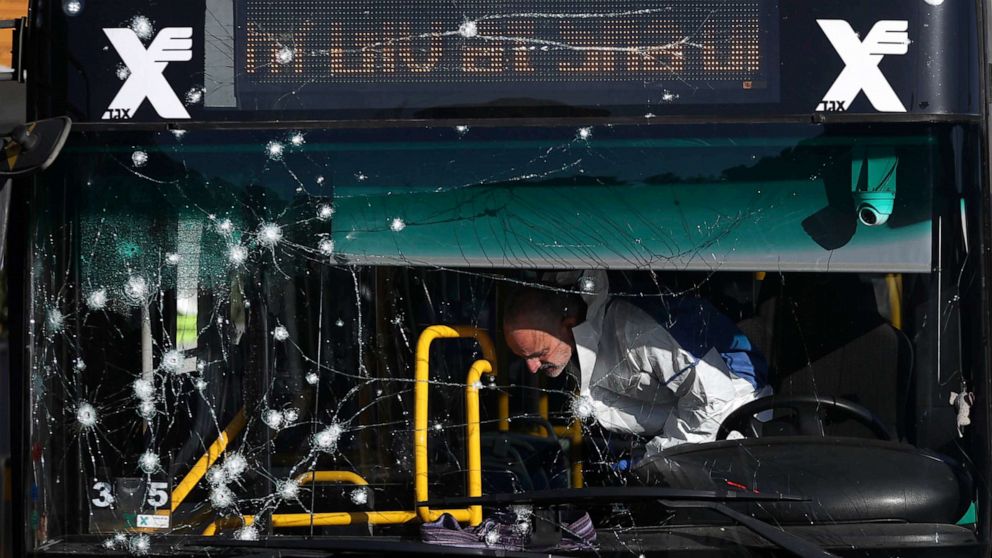 PHOTO: Israeli police inspect the scene of an explosion at a bus stop in Jerusalem, Wednesday, Nov. 23, 2022. 