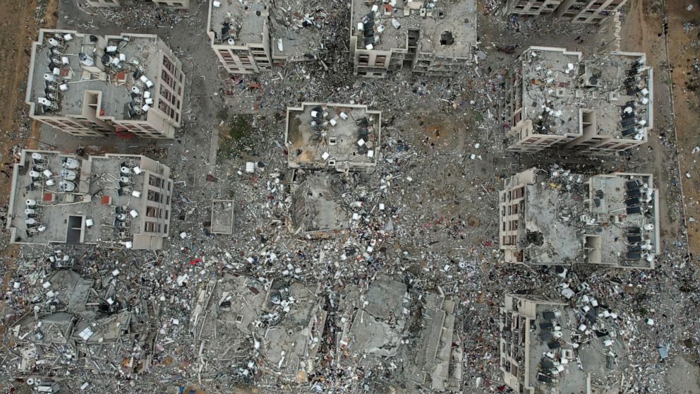 PHOTO: An aerial view shows the destruction caused by Israeli strikes in the Wadi Gaza area of the central Gaza Strip, Nov. 28, 2023, amid a truce between Israel and Gaza's militant rulers, Hamas. 