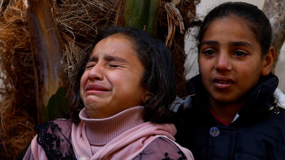 PHOTO: Mourners react following the death of Palestinians in Israeli strikes at Abu Yousef Al-Najjar hospital in Rafah in the southern Gaza Strip Feb. 22, 2024. 