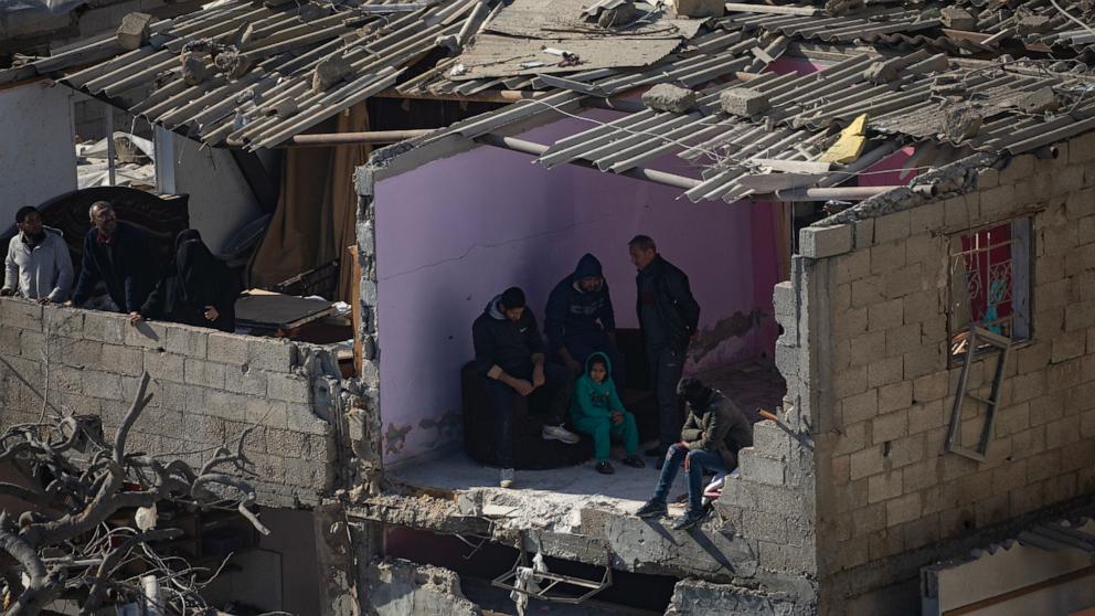 PHOTO: Palestinians inspect destroyed houses following an Israeli airstrike on the Al-Farouq Mosque in the Rafah refugee camp, southern Gaza Strip, Feb. 22, 2024. 