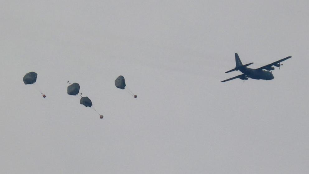 PHOTO: A Jordanian military aircraft drops humanitarian aid over Rafah in the skies of the southern Gaza Strip, Feb. 26, 2024, amid the ongoing conflict between Israel and the Palestinian Hamas militant group.