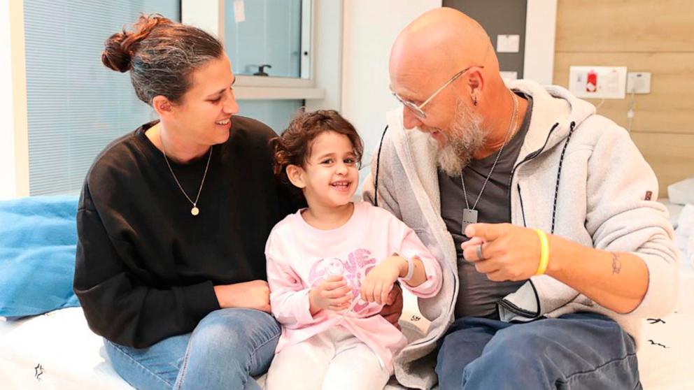 PHOTO: Abigail Edan who returned last night to Israel, sits with her aunt Liron at the Schneider Children's Medical Center, Nov. 27, 2023.