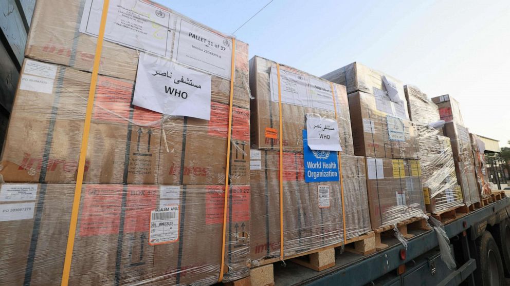 PHOTO: Medical aid from the World Health Organization arrives at the Nasser hospital in Khan Yunis in the southern Gaza Strip, Oct. 23, 2023.