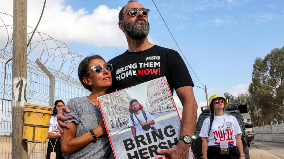 PHOTO: Jonathan Polin and Rachel Goldberg, parents of Israeli hostage Hersh Goldberg-Polin, attend a demonstration by the families of the hostages near Kibbutz Nirim in southern Israel by the border with Gaza, Aug. 29, 2024.