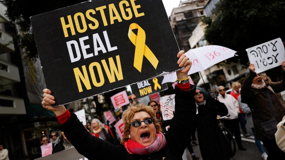 PHOTO: People protest demanding a hostage deal amid the ongoing conflict between Israel and the Palestinian Islamist group Hamas, in Tel Aviv, Israel, Feb. 1, 2024. 