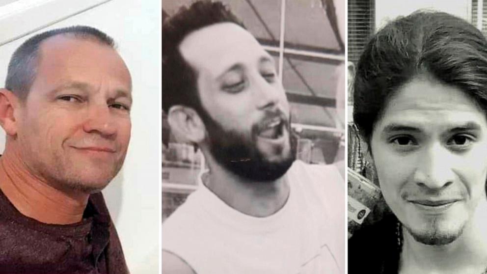 PHOTO: Photos provided by Hostages Families Forum Headquarters shows hostages from left, Michel Nisenbaum, Hanan Yablonka and Oryon Hernandez Radoux whose bodies were recovered overnight from Gaza, Israel's army said May 24, 2024. 