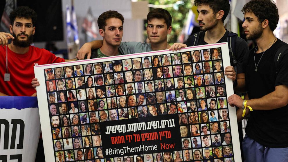 PHOTO: Relatives, friends and supporters of Israeli hostages held in Gaza since the October 7 attack by Hamas militants in southern Israel, hold placards and images of those taken during a protest for their release in Tel Aviv, Nov. 22, 2023.