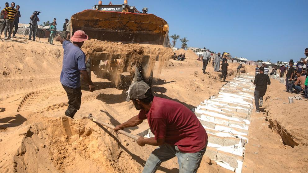 PHOTO: People use a heavy equipment vehicle to cover the mass grave of unidentified Palestinians, returned by Israel, during their burial in Deir al-Balah, central Gaza Strip, October 22, 2025.