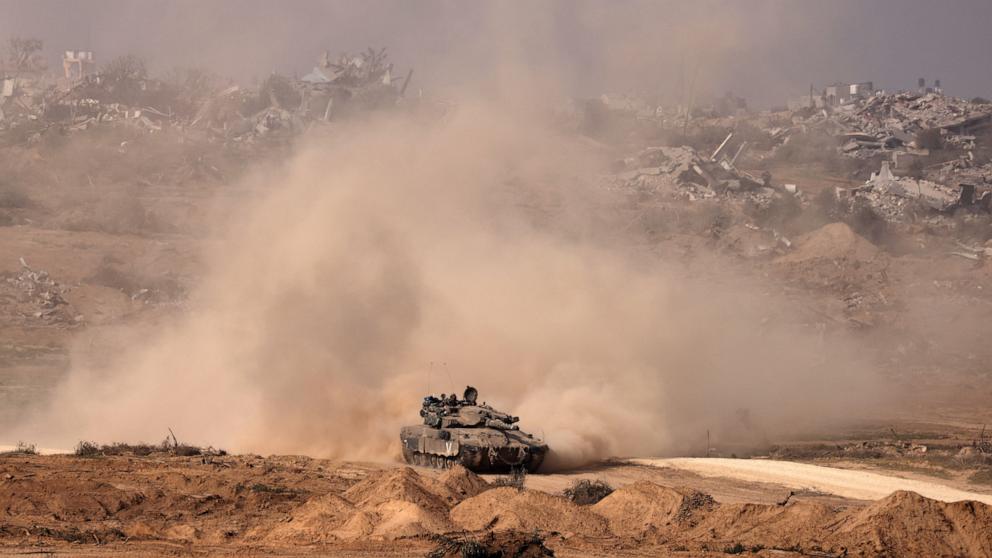 PHOTO: An Israeli army tank moves in the center of the Gaza Strip, Jan. 9, 2024.