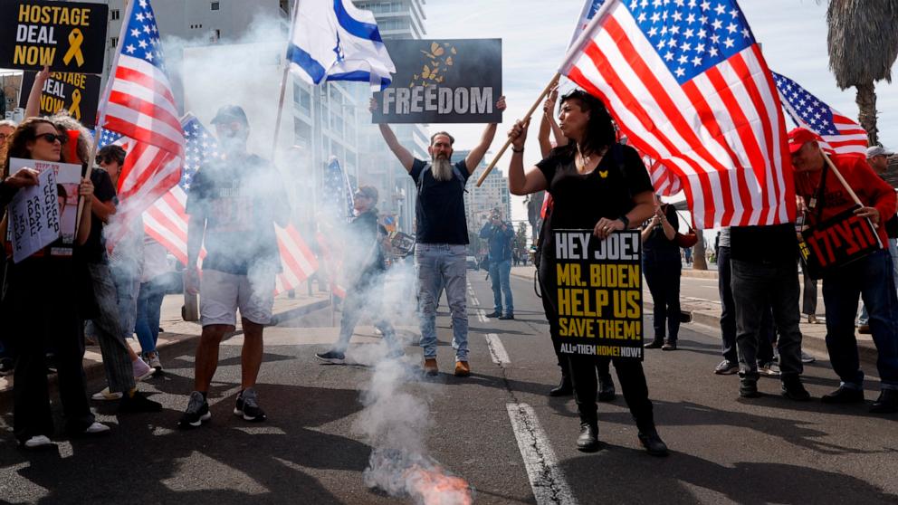 PHOTO: Families and supporters of hostages held in Gaza protest in-front of the U.S. embassy as they are calling for the help of President Joe Biden, to reach a hostage deal, Mar. 1, 2024, in Tel Aviv, Israel. 